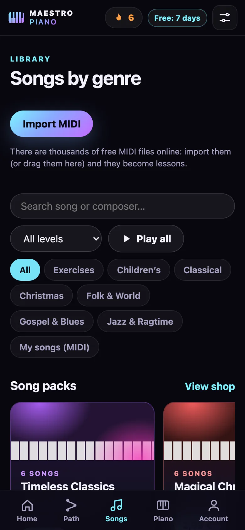 Song library screen organised by genre