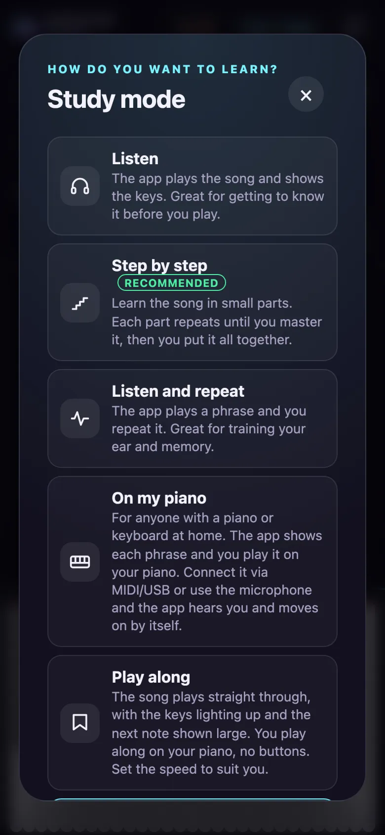 App screen showing the practice modes: Listen, Step by step, Listen and repeat, On my piano and Play along
