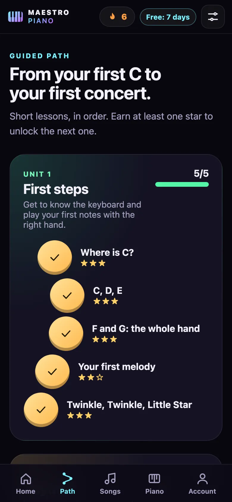Guided course screen with the First steps unit completed