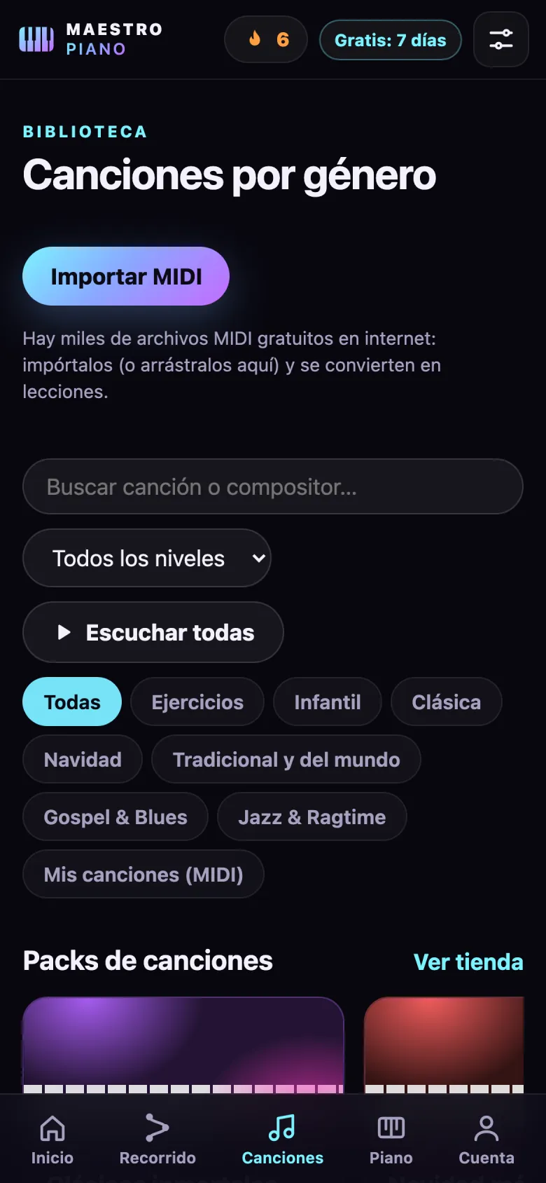 Pantalla de la biblioteca de canciones organizada por género