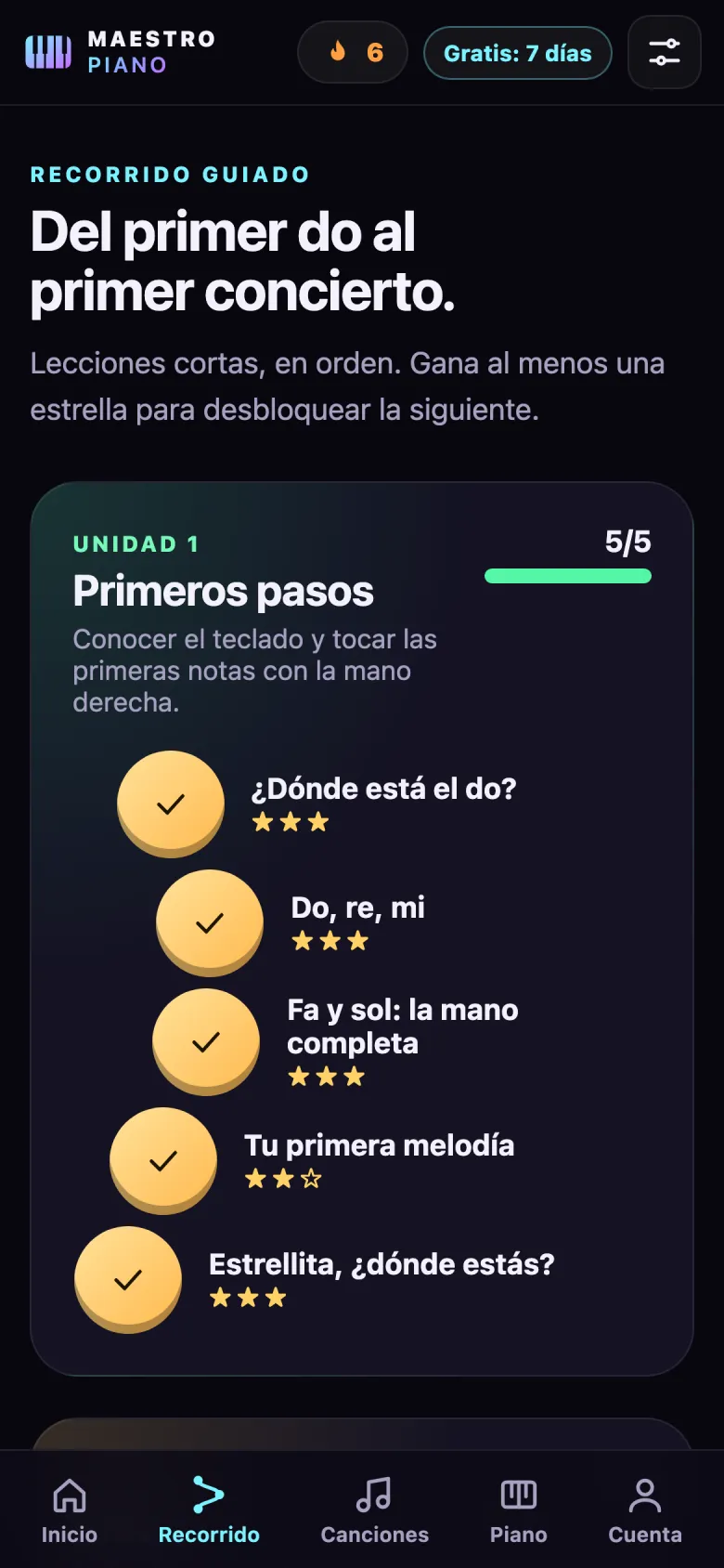 Pantalla del recorrido guiado con la unidad Primeros pasos completada