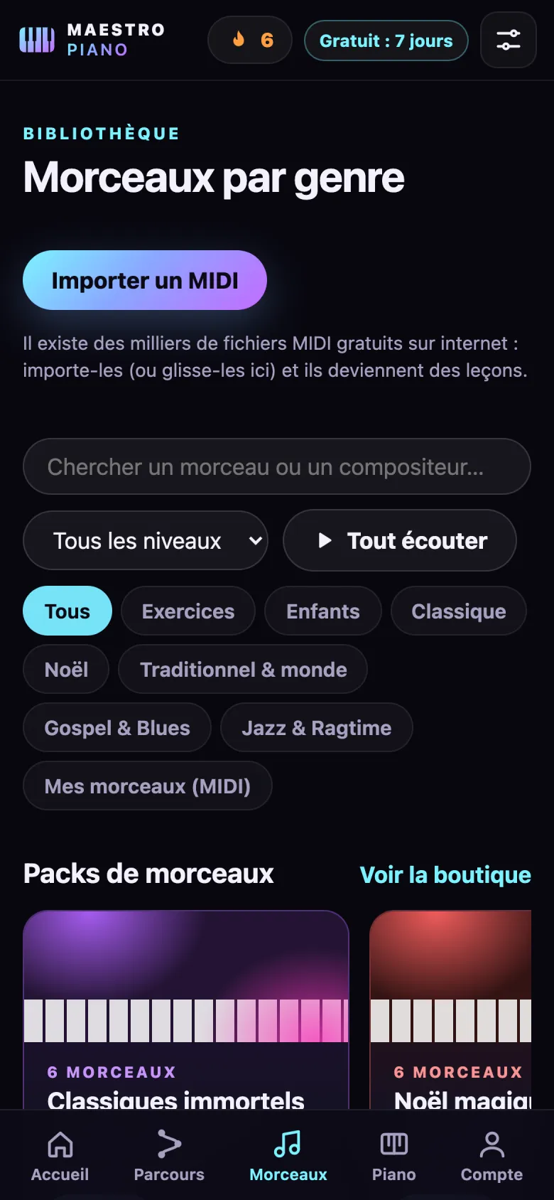 Écran de la bibliothèque de morceaux classés par genre