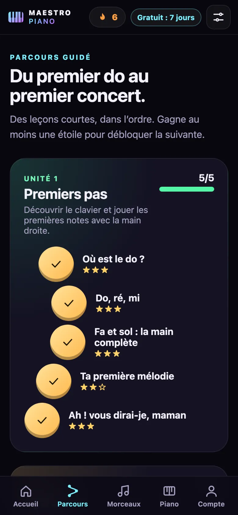 Écran du parcours guidé avec l’unité Premiers pas terminée