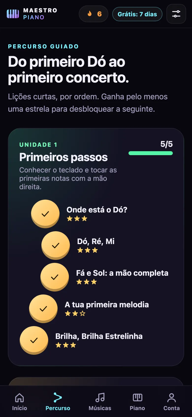 Ecrã do percurso guiado com a unidade Primeiros passos concluída